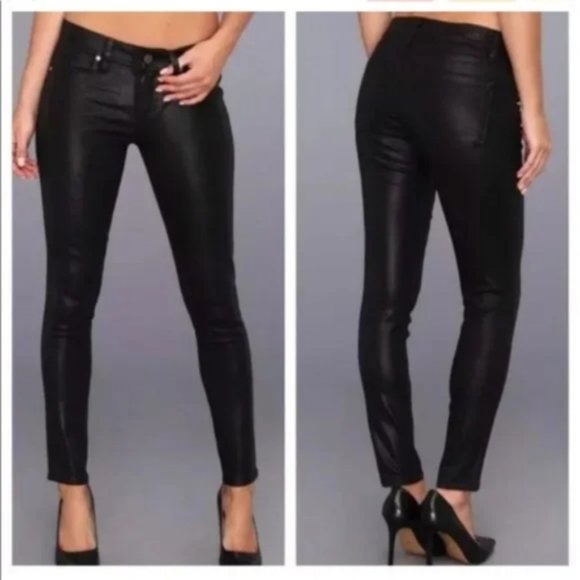 PAIGE Denim - PAIGE - Black Leather Look Pandora Coated Peg Skinny Jeans. SIZE 28